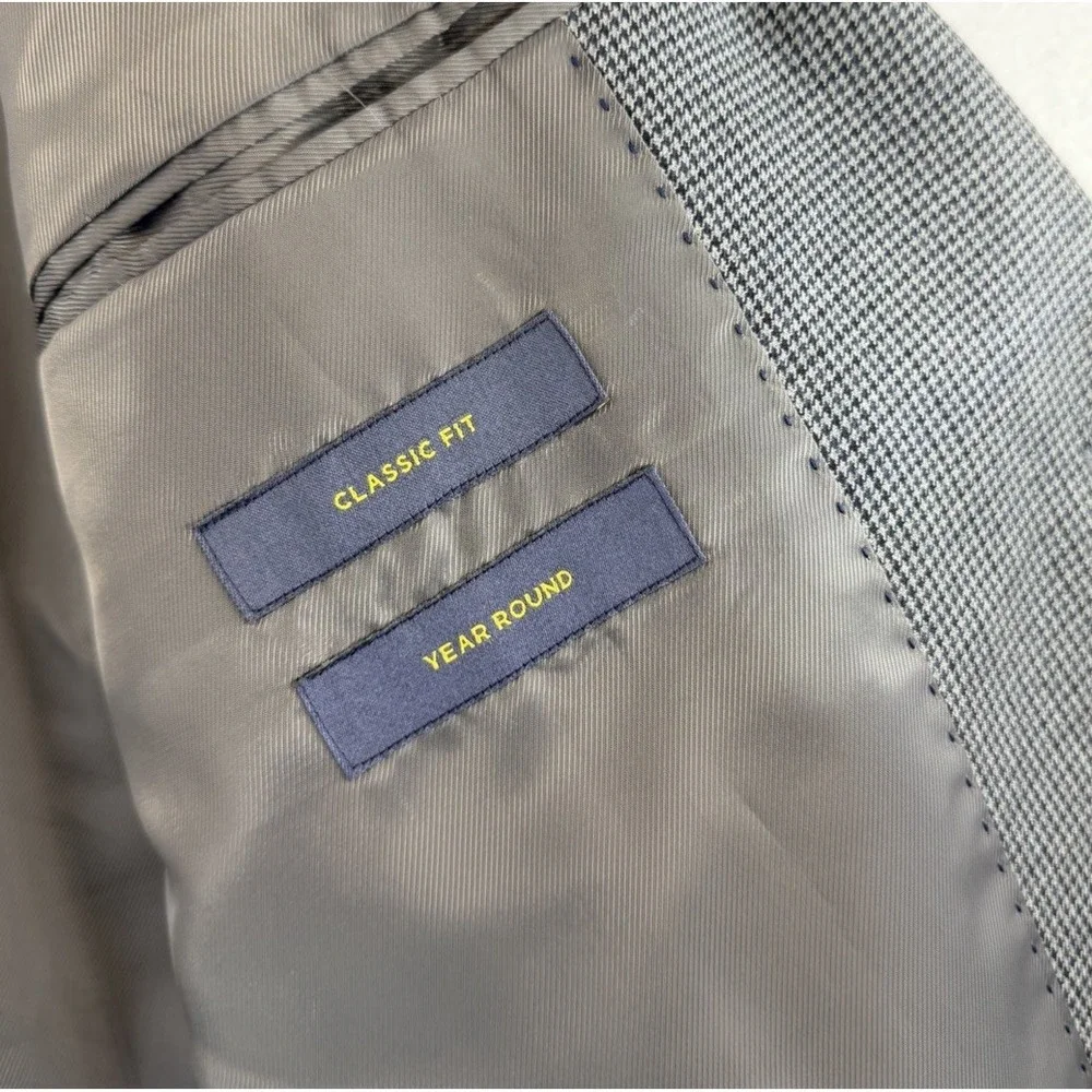 Stafford Travel Blazer Mens 42R Blue and Gray Houndstooth Classic Fit Year Round